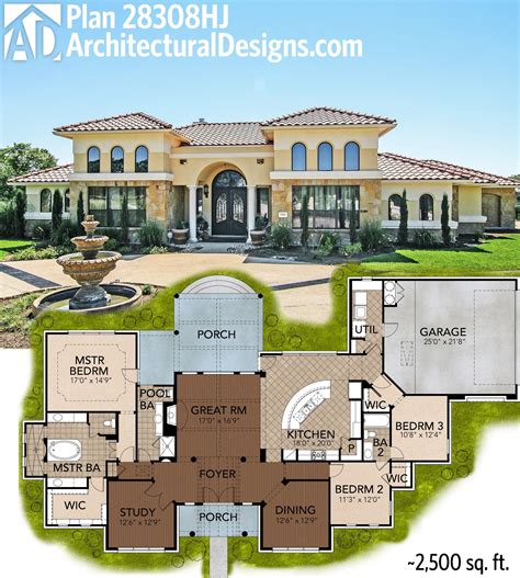 Great symmetry with Architectural Designs Mediterranean House a Plan 28308HJ. Right around 2 ...