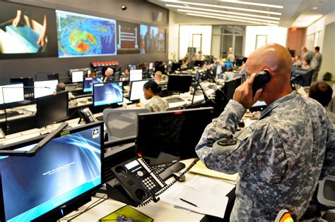 The National Guard Command Center in Arlington, Va., monitors Hurricane Irene to support ...