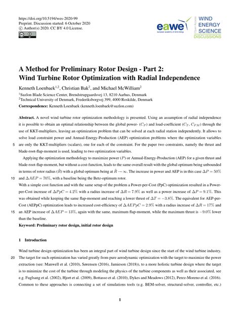 (PDF) A Method for Preliminary Rotor Design – Part 2: Wind Turbine ...