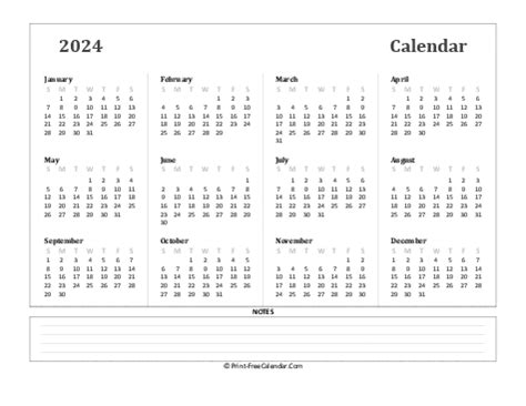 Download Editable Calendar 2024 Sunday Start (PDF, Word, Excel, Landscape Layout)