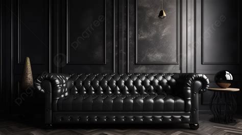 Black Leather Sofa In A Dark Room Background, 3d Rendering Retro Black Leather Sofa In ...