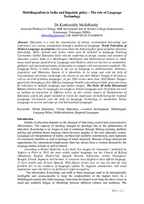 (DOC) Multilingualism in India and linguistic policy -The role of Language Technology | Dr ...