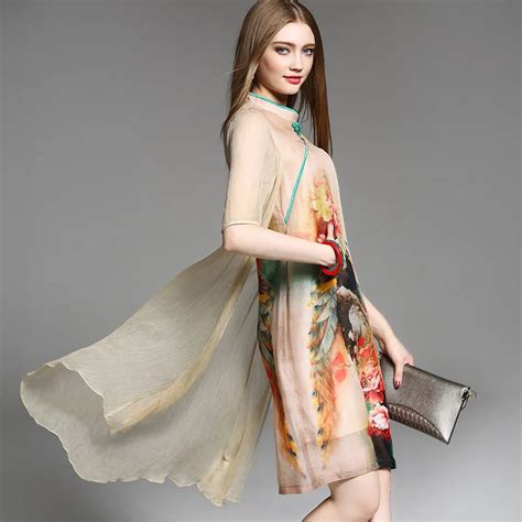 Real Silk Dress For Women Chinese Style Printing Brand Silk Dresses ...