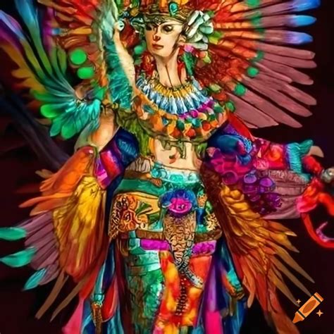 Depiction of xochiquetzal, the aztec goddess surrounded by vibrant flora