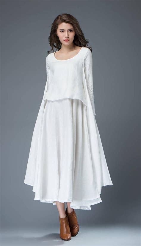 White Linen Dress Layered Flowing Elegant Long Sleeve Long Summer Dress With Scoop Neck Handmade ...