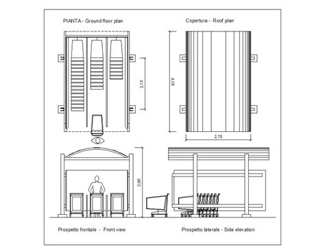 Bus stop shelter front, side elevation with ground and roof plan dwg ...