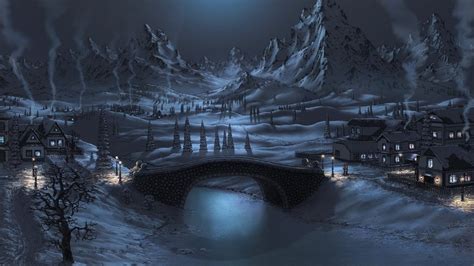 Download River Mountain Tree Snow Bridge Town Artistic Winter Wallpaper