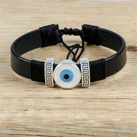 Greek Evil Eye & Meander Unisex Black Leather Bracelet