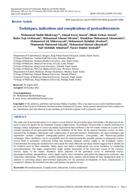 (PDF) Techniques, indications and complications of pericardiocentesis | Mohammed Albarakati ...