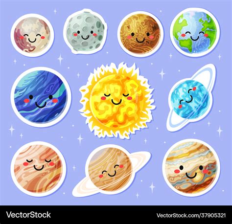 Planet stickers cartoon planets with cute faces Vector Image