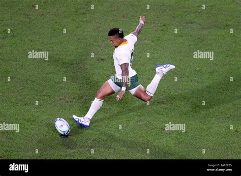 South Africa's Herschel Jantjies kicks during the 2019 Rugby World Cup match at the City of ...