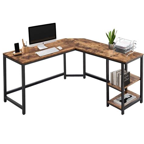 VEIKOUS 53.5 in. W Brown Industrial L-Shaped Computer Writing Corner Desk with 2-Shelves L ...