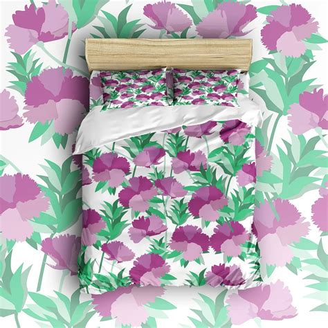 4 Piece Bed Sheets Set, Purple Carnation Flowers with Green Leaves Print Floral Pattern Design ...