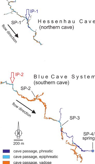 Map of the two caves with indication of phreatic, epiphreatic and ...