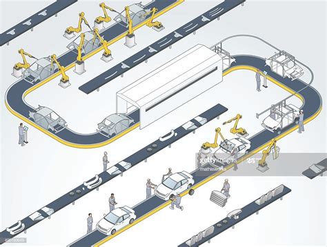 A detailed, modern factory illustrates an automotive assembly process ...