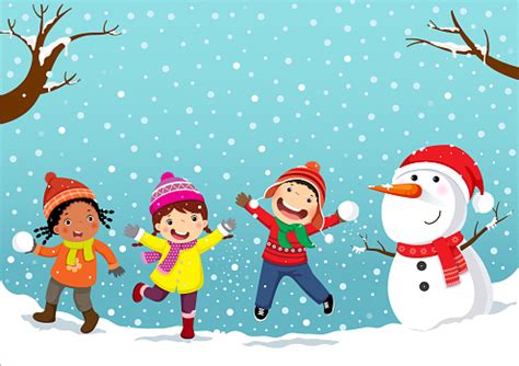 Winter Fun Happy Children Playing In The Snow Stock Illustration ...