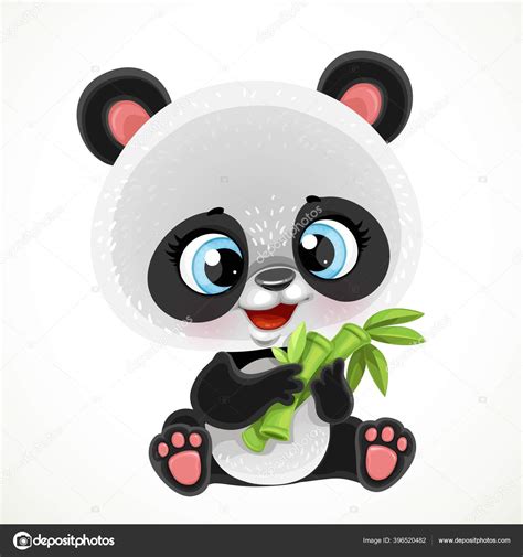 Cute Cartoon Baby Panda Bear Eating Bamboo Isolated White Background ...