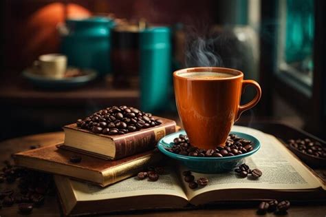 Premium AI Image | Cup of coffee with coffee beans and book