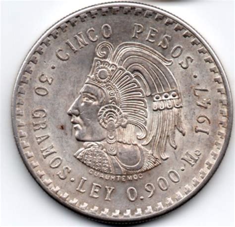 Moneda Mexicana Plata Cinco Pesos Cuauhmtemoc 1947 P22a - $ 722.00 en Mercado Libre