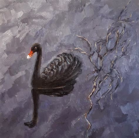 Black Swan Original Oil Painting, Swan Wall Art, Evening Nature Painting, Bird Landscape, Bird ...