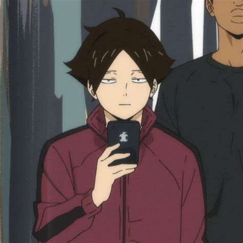 an anime character holding a cell phone in front of his face and looking at the screen