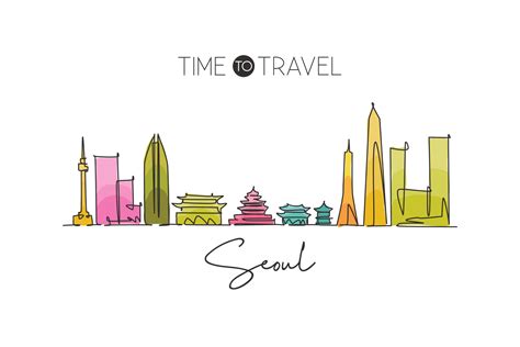 One continuous line drawing of Seoul city skyline, South Korea ...