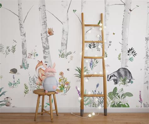 Woodland Forest Cute Animals in Forest Wallpaper Removable - Etsy