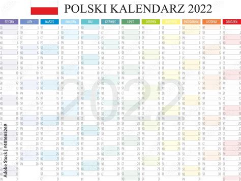 Kalendarz polski 2022, planer, planowanie miesięczne, szablon kolorowy kalendarz na rok 202 ...