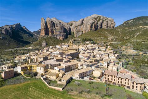 Aerial view of Aguero village Aguero Huesca Aragon Spain Europe