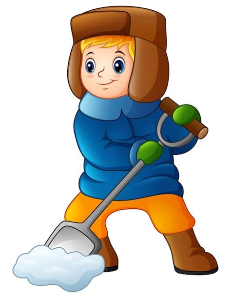 Premium Vector | Cartoon boy shoveling snow