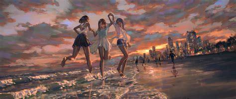 4K, anime girls, barefoot, women, anime, beach, sunset, sky, women on ...