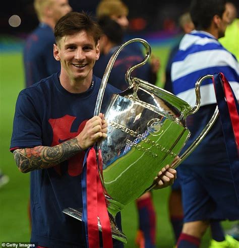 Messi holds the Champions League trophy after Barcelona's win over Juventus in June, 2015 Neymar ...