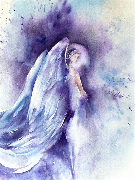 Angel in Purple Original Watercolour Painting, Loose Style Watercolour Art Blue Purple Bright ...