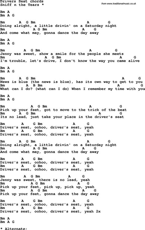 Song lyrics with guitar chords for Driver's Seat