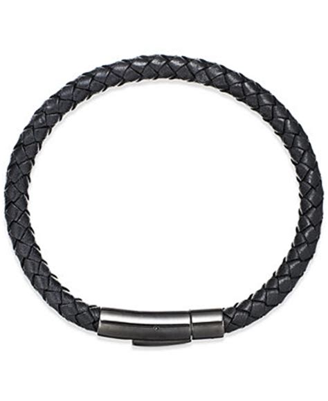 Men's Black Leather Bangle Bracelet in Stainless Steel - Macy's