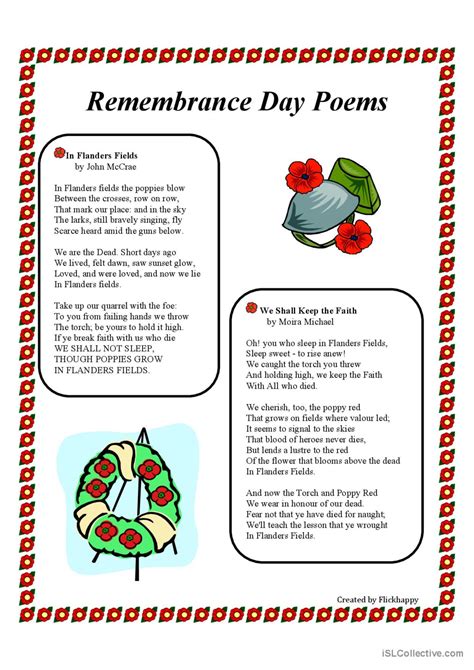 Remembrance Day Poems reading for de…: English ESL worksheets pdf & doc