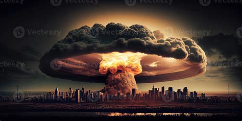 Big nuclear explosion mushroom cloud effect over city skyline for apocalyptical aftermath of ...