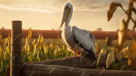 Premium Photo | Happy Pelican Poses On Farm Fence Post With Lush ...