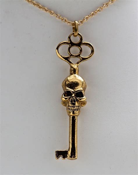 skeleton key necklace Double Faced antique gold plated on a