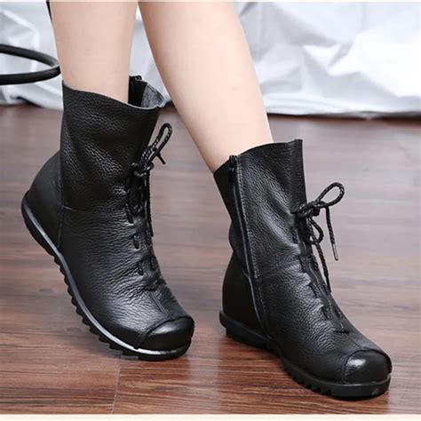 Autumn Genuine Leather Ankle Boots Ladies Casual Warm Comfortable Flat ...