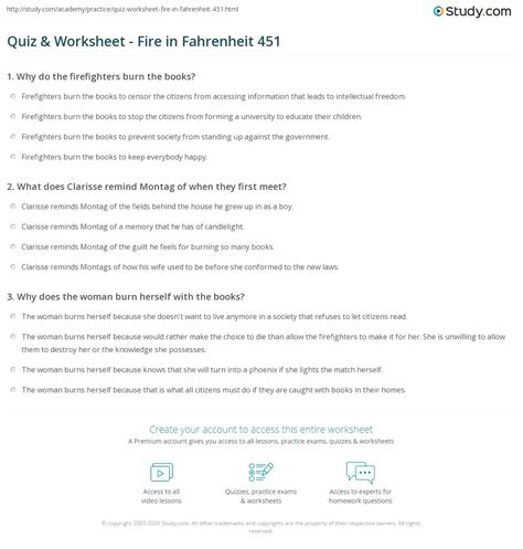 Quiz & Worksheet - Fire in Fahrenheit 451 | Study.com