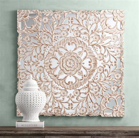 Fantasia White Patina 48" Square Wall Panel | Carved wood wall art ...