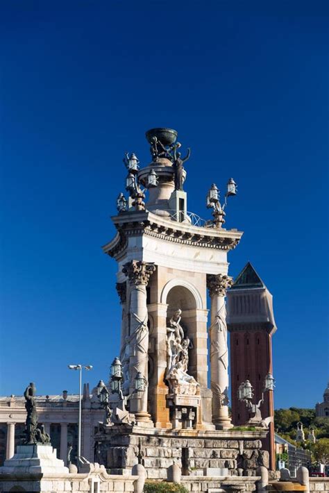 Barcelona, Spain, 2022 - Plaza de Espana fountain with National Palace ...