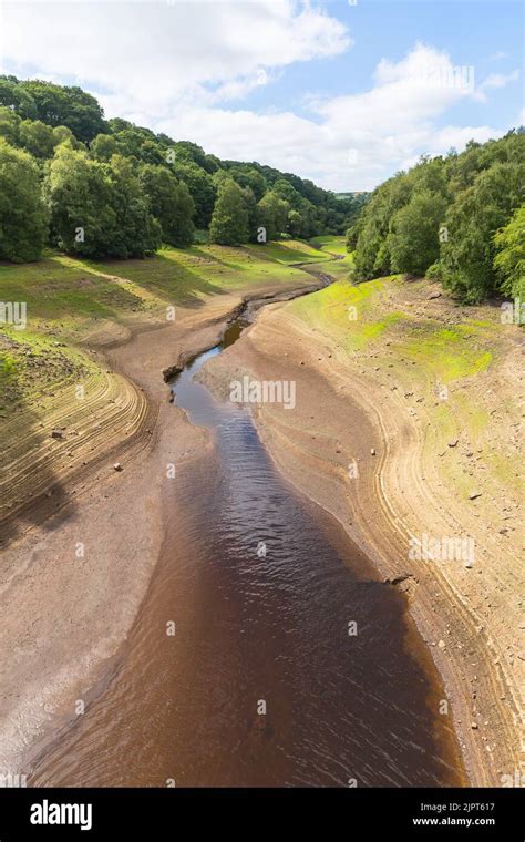 Leighton Reservoir in Nidderdale, North Yorkshire, UK in August 2022 with seriously low water ...