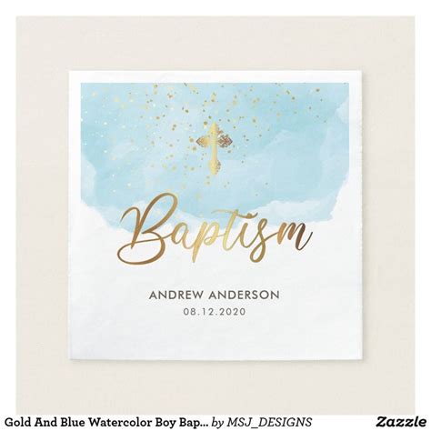 Gold And Blue Watercolor Boy Baptism Napkin | Zazzle.co.uk | Christening cards, Boy baptism, Baptism