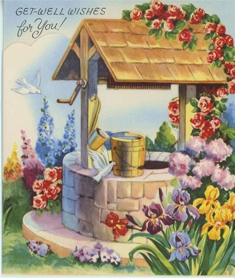 VINTAGE MAGIC WISHING WELL WHITE DOVE IRIS ROSE LARKSPUR GARDEN HOUSE CARD PRINT | Cantinho