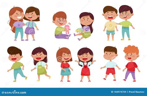 Friendly Little Kids Sharing Toys and Socializing with Each Other Vector Illustrations Set Stock ...