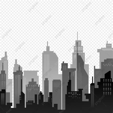 black and white cityscape with skyscrapers on transparent background png clipart