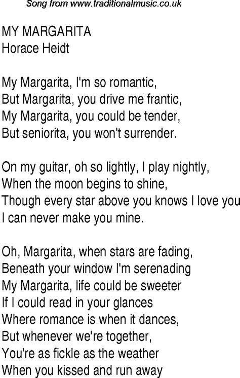 Top songs, 1938 music charts: lyrics for My Margarita