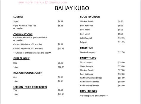 Menu at Bahay Kubo restaurant, Ridgecrest